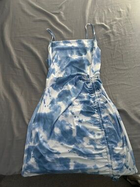 Blue Tie-Dye Ruched Spaghetti Strap Dress